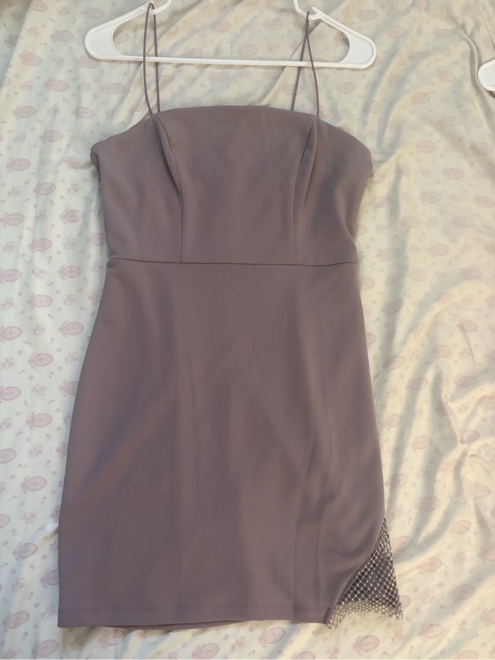 Nordstrom Mauve Spaghetti-Strap Bodycon Dress with Mesh Rhinestone Accent